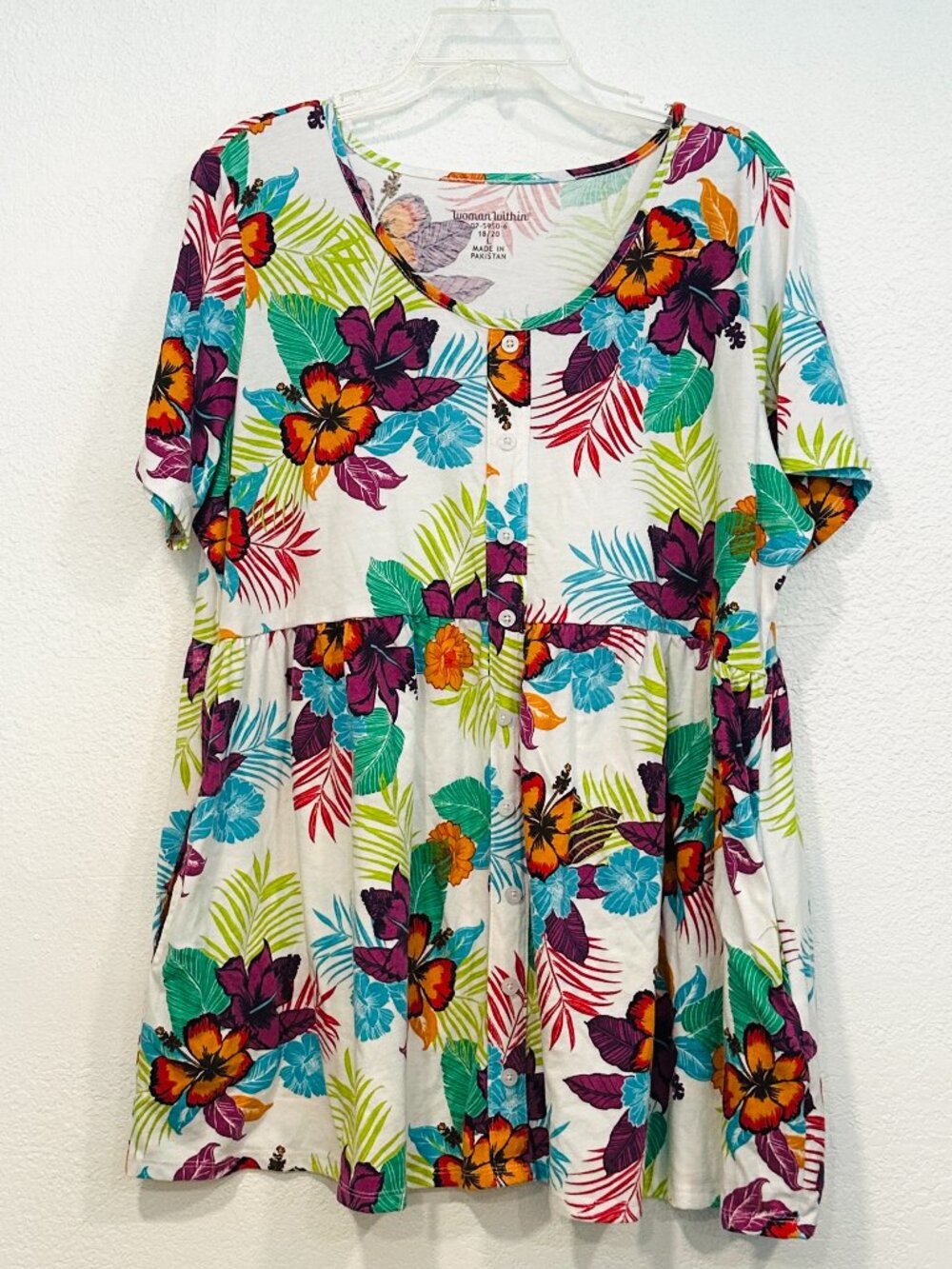 Woman Within Peplum Tunic Top MultiColor Tropical Floral 2 Pockets Plus Sz 18-20